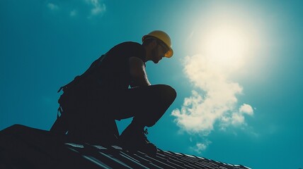 On a roof, a man is repairing a roof.