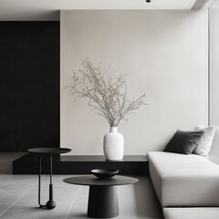 Minimalist living room with beige couch and black accents