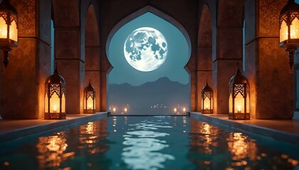 A serene pool illuminated by candles, with a glowing moon in the background, set against an Islamic architectural backdrop