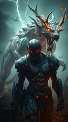 Fototapeta premium Cybernetic Warrior and the Dragon's Fury