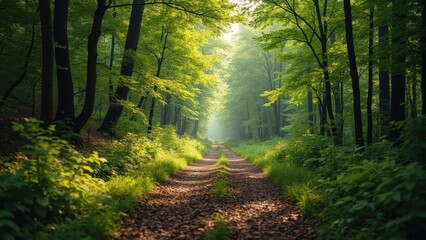 A Tranquil Forest Pathway Emerges Through Glasses, Revealing Vibrant Greenery and Gentle Sunlight