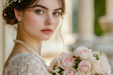Obraz premium Bride holding a bouquet with pastel roses in a 1920s vintage lace dress with pearls, standing in front of an old mansion or garden. Perfect for vintage weddings, retro fashion, and nostalgic events.