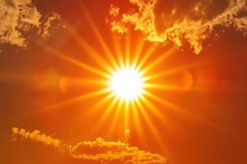 Fototapeta premium Sweltering heatwave, scorching sun high in the sky, shimmering heat ripples distorting distant roads, dry cracked earth under relentless golden light.