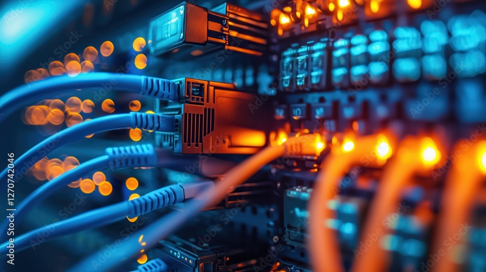 Poster high-definition close-up of computer server cables and network equipment illuminated with blue and o