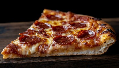 Delicious Pepperoni Pizza Slice with Melty Cheese on Rustic Background