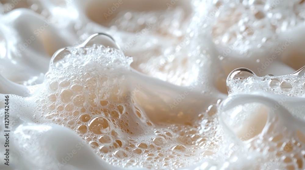 Poster Soft bubbles rise and intertwine within a thick layer of creamy soap foam, creating a serene and luxurious atmosphere. Each bubble glistens, reflecting light in a tranquil display