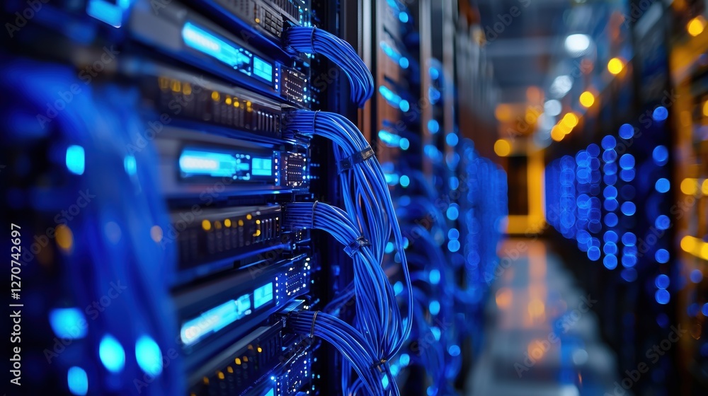 Poster close-up view of server rack in a modern data center with bright blue led lights and organized netwo