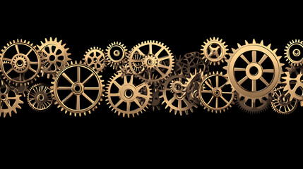 Intricate Golden Gears Meshing in Perpetual Motion Mechanical Concept on a Dark Background