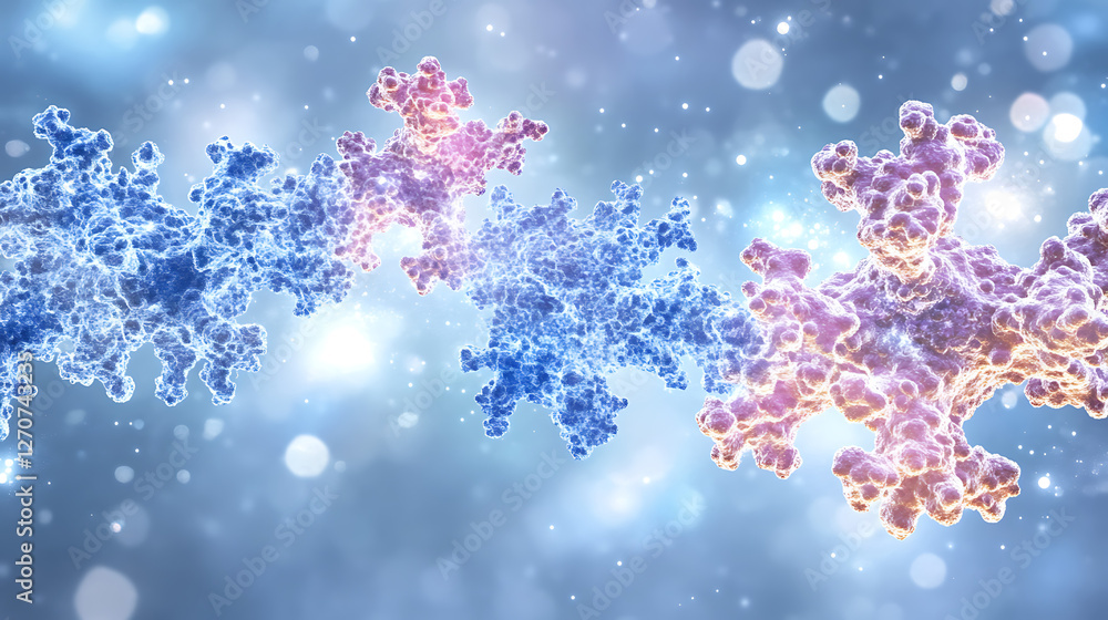 Poster intricate molecular structures connected in a complex scientific visualization render