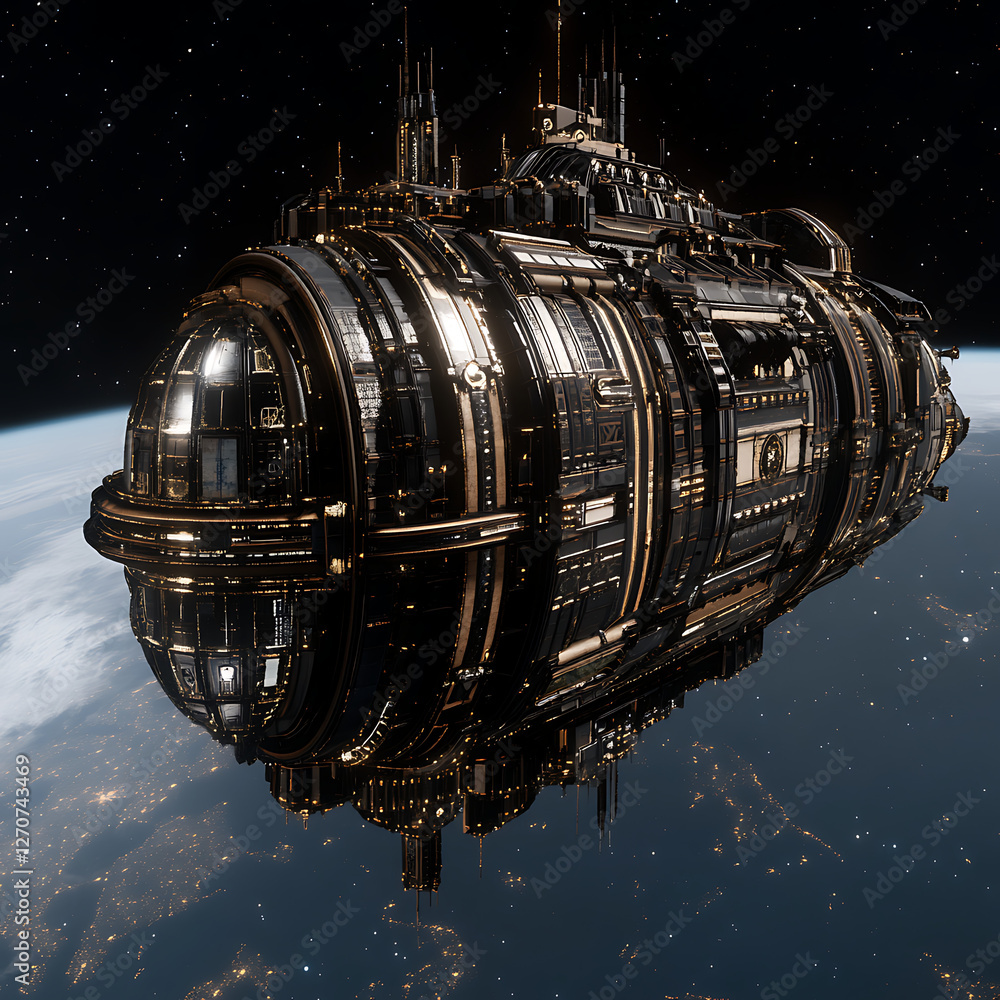 Poster intricate spaceship orbiting earth sci-fi futuristic visualization extraterrestrial design 3d render