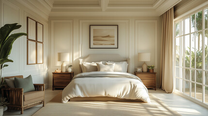 Interior design for a guest bedroom featuring a neutral theme with sleek moldings on the walls. The color scheme includes beige, white, and cream tones, with deeper beige flooring