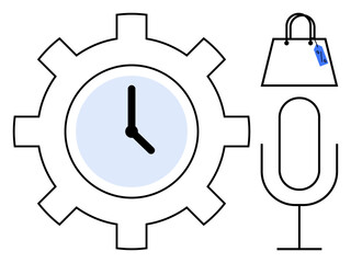 Clock inside a gear, microphone, and shopping bag with price tag. Ideal for time management, media, communication, shopping, marketing engineering productivity. Abstract line flat metaphor