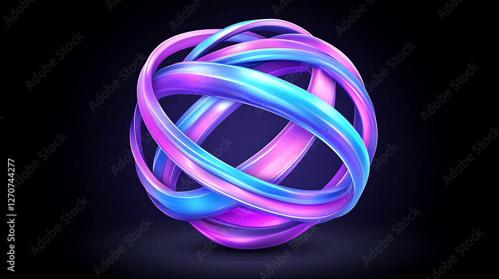 Poster iridescent circular bands intertwined sphere with smooth gradient on dark backdrop art illustration