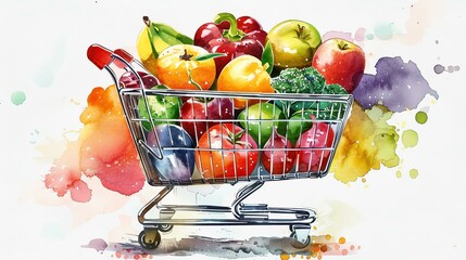A vibrant shopping cart filled with fresh, colorful fruits and vegetables. This artistic representation captures the essence of healthy eating and vibrant living.