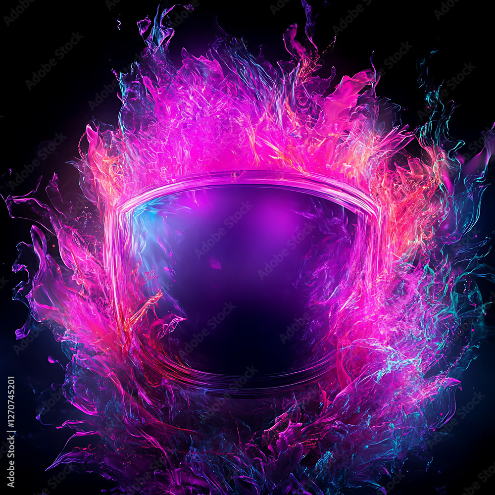 Poster iridescent shield portal frame with liquid light and smoke abstract effect on dark background