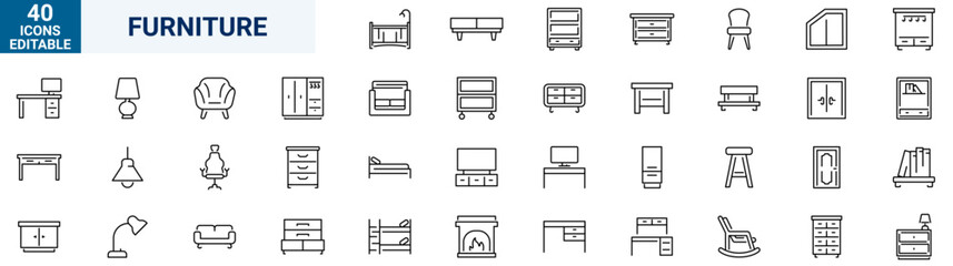Home furniture icons collection, desk, bathroom, bathtub, ceiling lamp, chair, sink, tv table, curtain, drawer, sofa, house door, mirror, cupboard, cabinet. editable stroke.