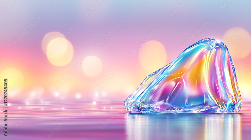 Poster iridescent translucent form on reflective surface abstract design with bokeh lighting background