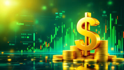 Gold dollar currency 3d sign money finance investment business market on economy financial chart growth trade exchange stock graph background of global wealth diagram cash rate profit banking concept.