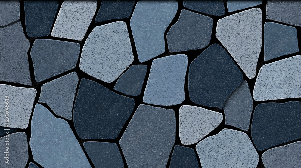 Poster irregular stone paving in varied blues and grays creates a unique texture for wall cladding design