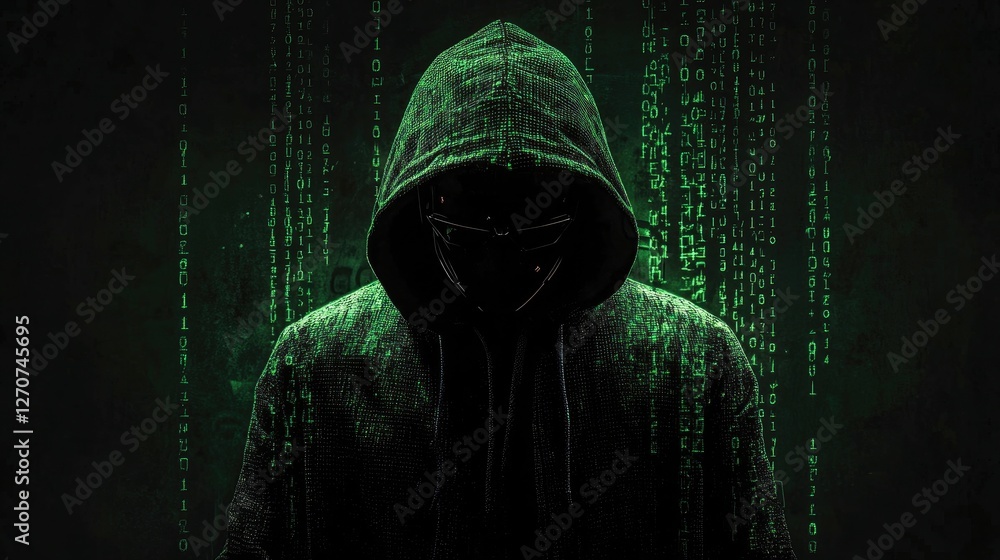 Poster cyberpunk hacker in digital rain, enigma of the anonymous digital world