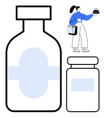 Woman holding a skincare product while carrying shopping bags and examining two large cream jars. Ideal for skincare, beauty, shopping, consumerism, self-care, wellness, minimalism. Abstract line