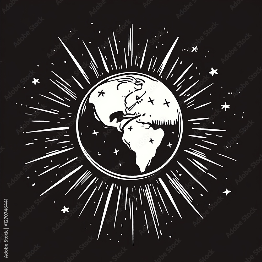 Poster earth stylized illustration with cosmic rays. possible use print design