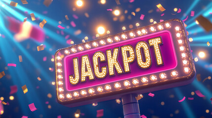Jackpot illuminated sign with bright lights, confetti celebration background