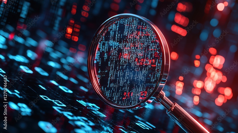 Poster macro view of digital data streams under magnifying glass highlighting technology, analysis, and inf