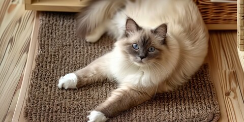 An adorable ragdoll cat  on door mat