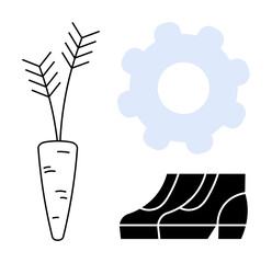 Carrot with outline details, blue gear shape symbolizing technology, pair of black ankle boots. Ideal for agriculture, mechanics, fashion, productivity, sustainability, innovation lifestyle