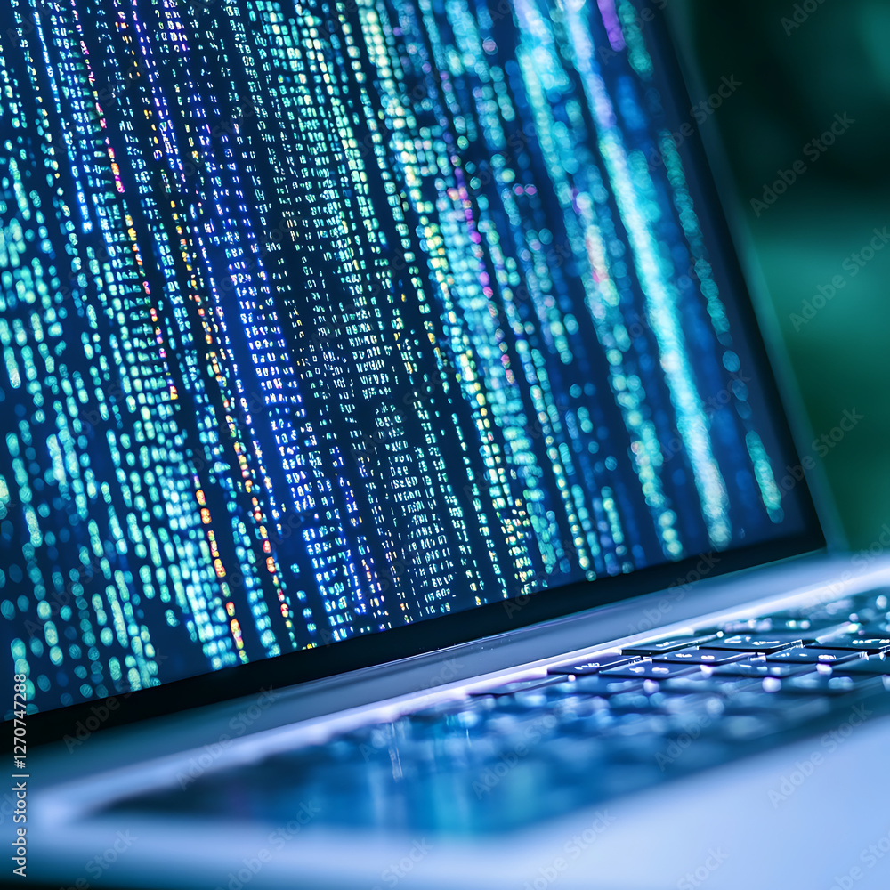 Poster laptop screen displaying code in teal blue hues tech and modern computing environment vision