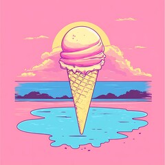 Ice cream cone, sunset beach scene, graphic design, aesthetic, summer