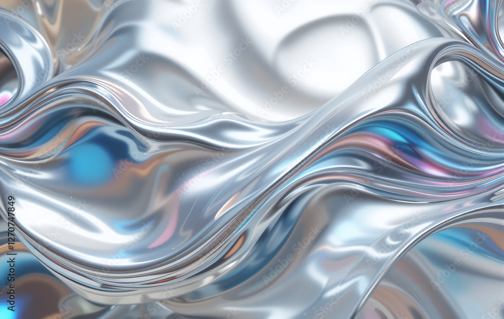 Poster smooth, silver chrome forms a flowing, abstract shape with subtle color reflections.