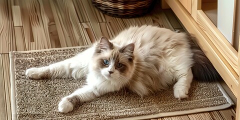 An adorable ragdoll cat  on door mat