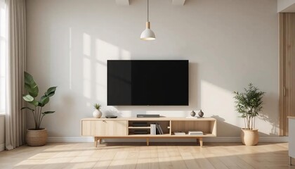Modern Minimalist Living Room with Light Wooden Entertainment Center and Soft Natural Light