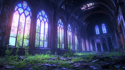 Obraz premium Abandoned church interior with vibrant stained glass windows and overgrown vegetation