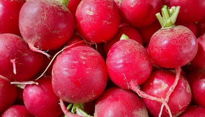 Close-up of fresh radishes, highlighting their crunchy texture and bright red or pink skin. Ideal for healthy food, salads, or vegetable concepts. Texture, background.