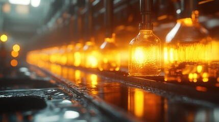 Obraz premium Glowing Amber Bottles on Conveyor Belt in Factory
