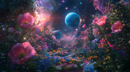 Dreamlike Cosmic Garden with Vivid Flowers and Celestial Backgrounds in Surreal Fantasy Landscape