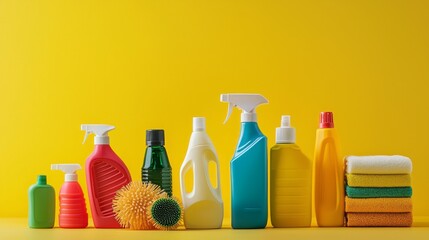 Brightly displayed cleaning products create an eye-catching composition against a cheerful yellow background, showcasing a blend of bottles, sponges, and cleaning tools for household chores