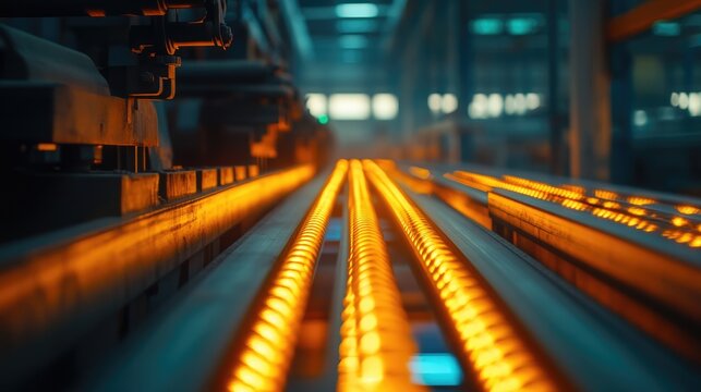 Glowing Hot Metal Rods on a Conveyor Belt in Factory