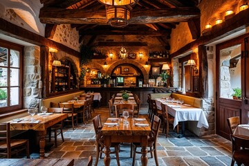 Cozy Traditional Village Tavern with Rustic Wooden Table and Welcoming Architecture