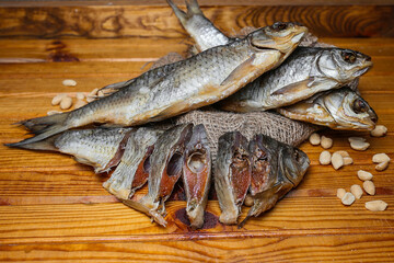 Dried dried roach cut into pieces with roach roe is an ideal snack for beer