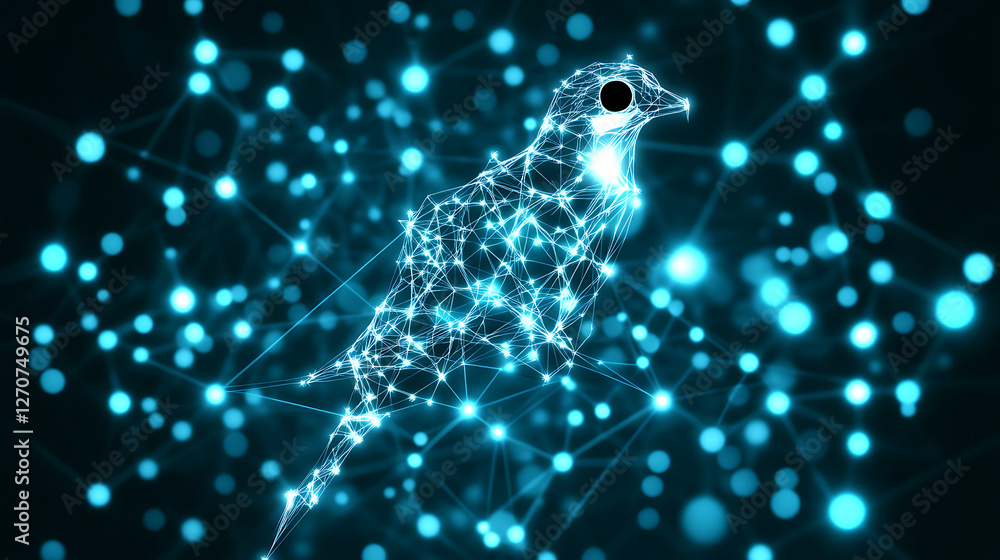 Aufkleber low poly futuristic bird design on complex network of blue glowing nodes and interconnected lines