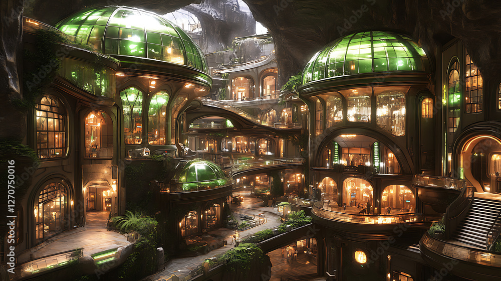 Poster luminescent botanical city in a cave environment a fusion of nature and futuristic architecture