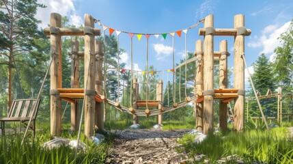 Wooden Rope Bridge Playground in a Sunny Forest