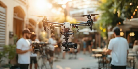 Exciting drone capture in a vibrant urban setting during a golden hour gathering. Generative AI