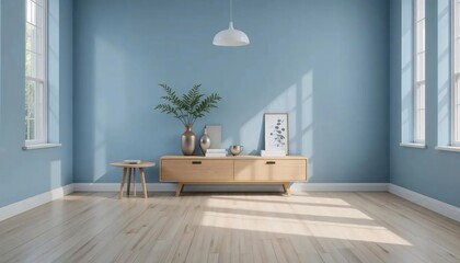 Minimalist Living Room with Light Wooden Floor and Blue Walls