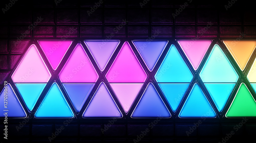 Poster luminescent geometric triangle tiles in dynamic color spectrum display illuminated arrangement