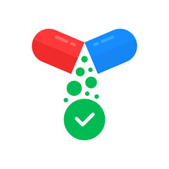 open pill with check mark like pharmacy icon